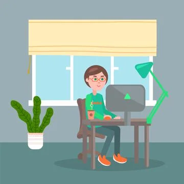 Programmer wearing eyeglasses working at home, distance work, man using computer Stock Illustration
