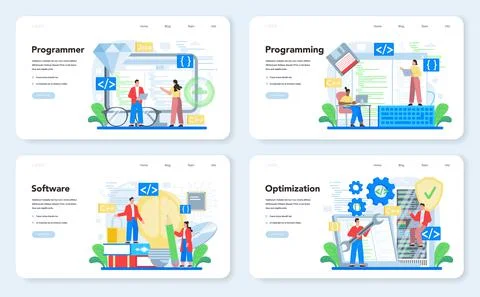 Programmer web banner or landing page set. Idea of coding, testing 스톡 일러스트