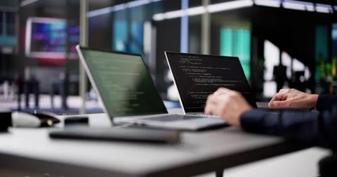 Programmer Woman Coding On Computer. Coder Girl 스톡 사진