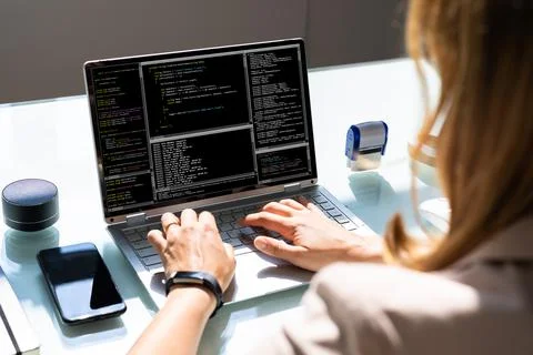 Programmer Woman Coding On Computer Stock Photos