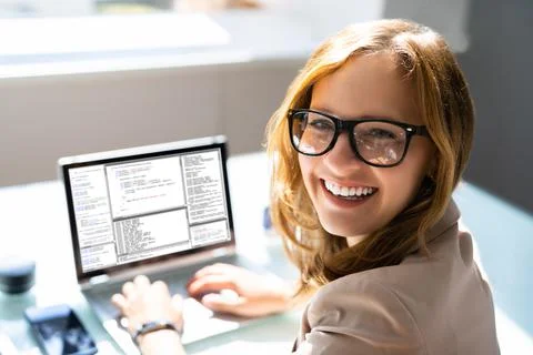 Programmer Woman Coding On Computer Foto stock