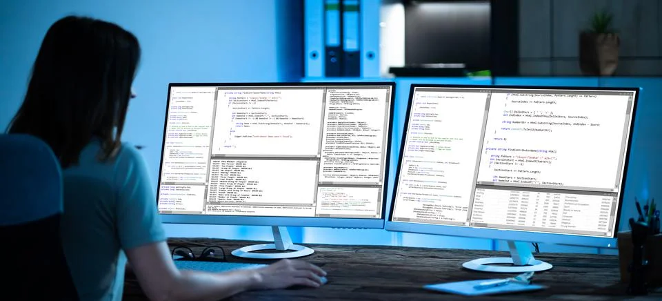 Programmer Woman Coding On Computer Stock Photos