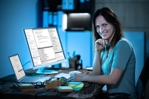 Programmer Woman Coding On Computer Stock Photos