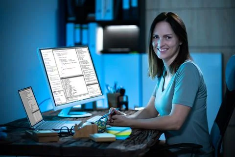 Programmer Woman Coding On Computer Stock Photos