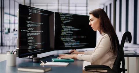 Programmer Woman Coding On Computer Foto stock