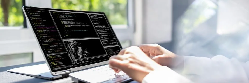 Programmer Woman Coding. Girl Coder 스톡 사진