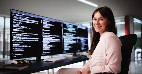 Programmer Woman Coding On Multiple Computers Stock-Fotos