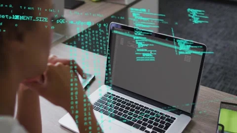 Programmer woman reviewing laptop for debugging, code scrolling and creating Video stock 333594974