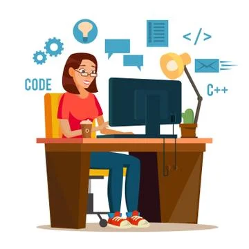 Programmer Woman Vector. Programmer Workspace. Working On Internet Using Laptop Stock-Illustration