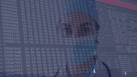 Programmer woman wearing glasses typing code in tech lab, showing floating hex Stock Footage 307973727