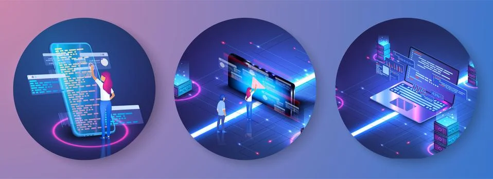 Programmer at work concept banner. Software, web development, programming Stock Illustration