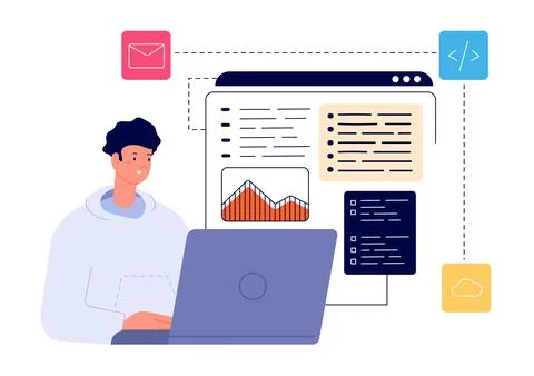 Programmer at work. Design with computer, overworked developer testing programme Stock Illustration