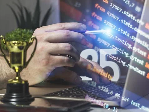 Programmer at work: futuristic coding scene with trophy and thoughts on lapto Stock-Fotos