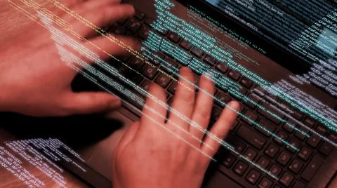 Programmer at work - software code running on screen and flying in the air. Stock Illustration