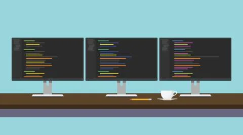 Programmer workdesk triple monitor with programming code vector 스톡 일러스트