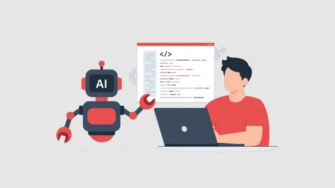 Programmer Working with AI Assistant on Laptop Stock Footage 348670949