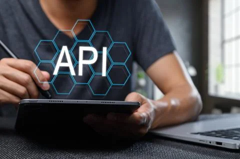 Programmer Working on Application Interface Design with API Visualization Stock Photos