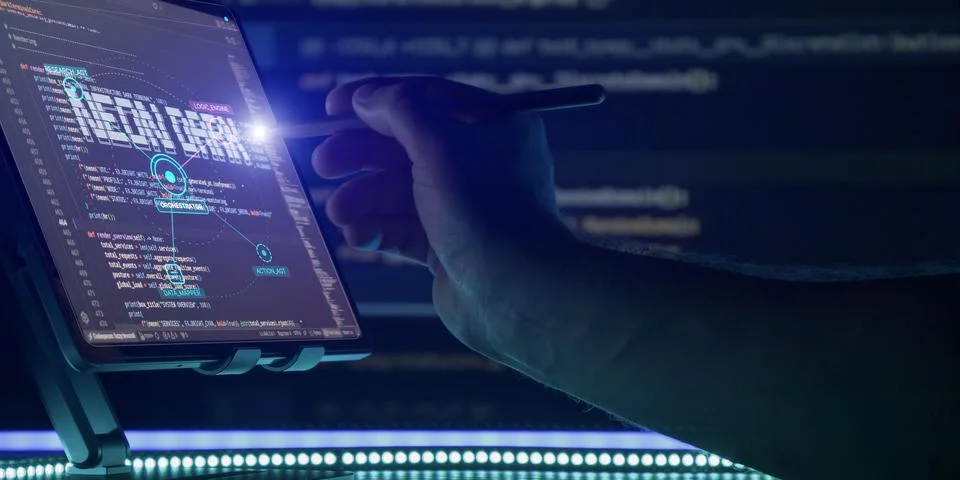 Programmer working with artificial intelligence hologram interface on a digit 写真素材