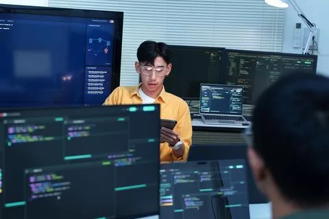 Programmer Working on Artificial Intelligence Software in Modern Office Stock Photos