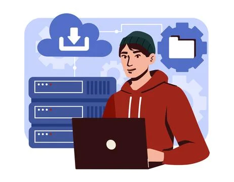 Programmer working on cloud system. Vector illustration Stock Illustration