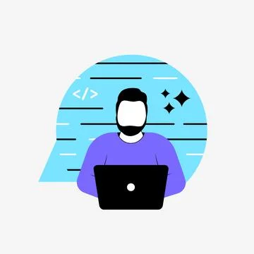 Programmer working on code development with laptop, dark theme developer avatar Stock Illustration
