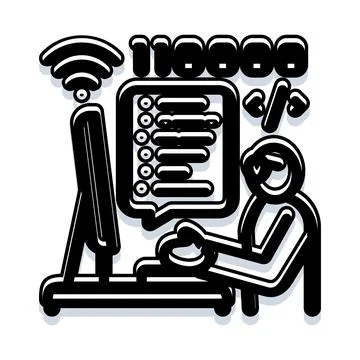 Programmer working on computer with binary code and wifi Illustrazione stock