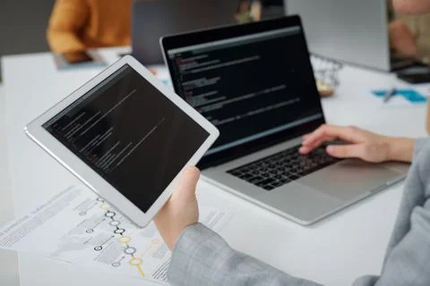 Programmer working with computer codes Stock Photos