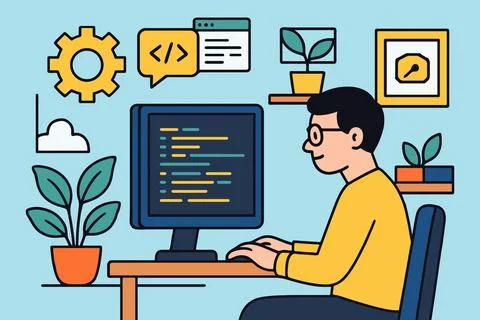 Programmer working on computer with coding and plant decorations Stock Illustration