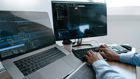 Programmer working On Computer In IT Office Typing Data Coding in software an 写真素材