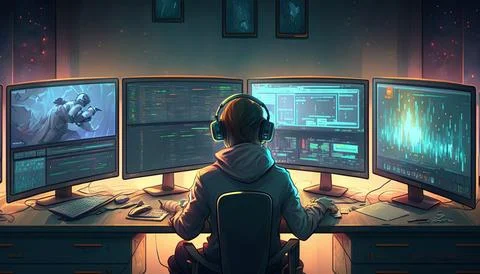 Programmer working on computer multi monitor. Gartoon Style. Stock-Illustration