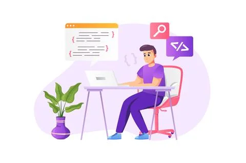 Programmer working concept in flat style with people scene. Happy man coding and Stockillustratie