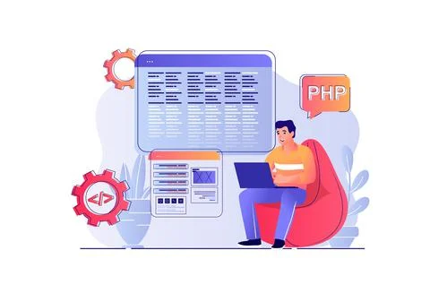 Programmer working concept with people scene. Man programming at computer Stock Illustration