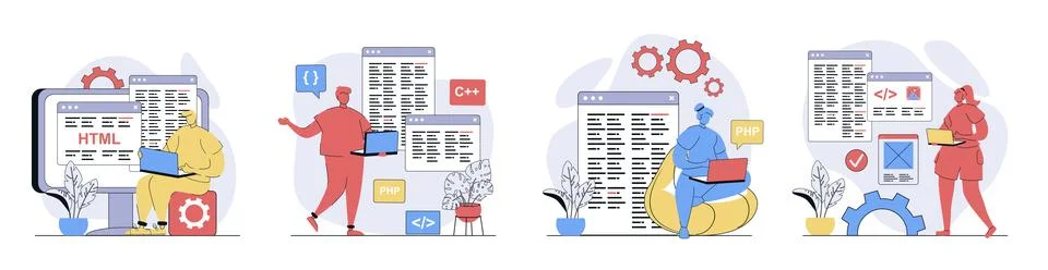 Programmer working concept set in flat design for web. Collection with people Illustrazione stock