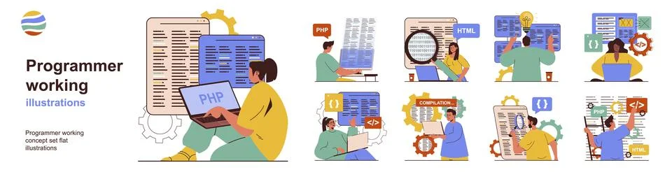 Programmer working concept set Illustrazione stock