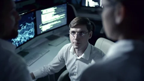 Programmer Working in Cyber Security Center at Night Stock Footage 85826972