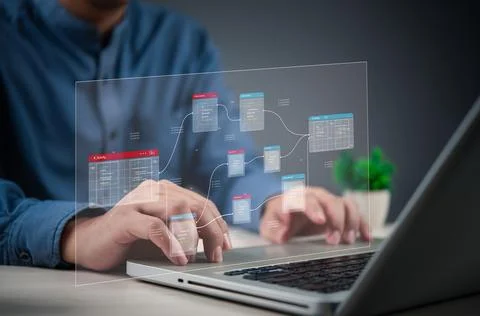 Programmer working on database web developer management with a futuristic d.. Foto stock