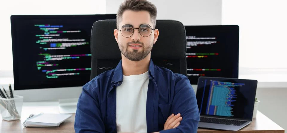 Programmer working at desk in office. Banner design Stock Photos