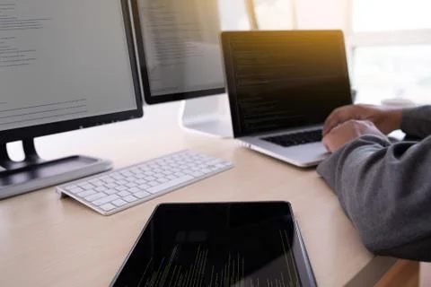 Programmer working Developing programming technologies Web Design Online Tech 스톡 사진