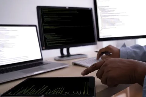 Programmer working Developing programming technologies Web Design Online Tech 스톡 사진