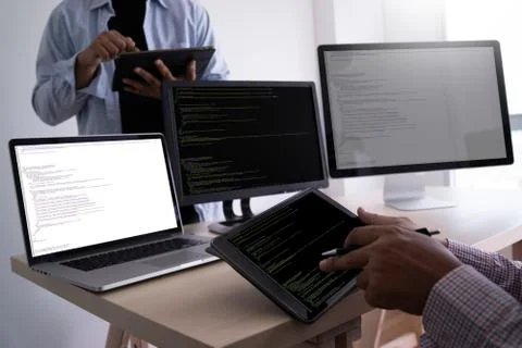 Programmer working Developing programming technologies Web Design Online Tech 스톡 사진