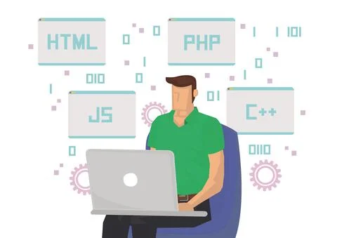 Programmer at working with different coding languages. Stock Illustration