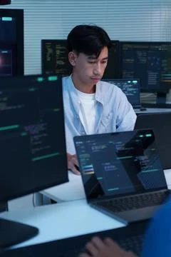Programmer Working on Digital Code and AI Technology Stock Photos
