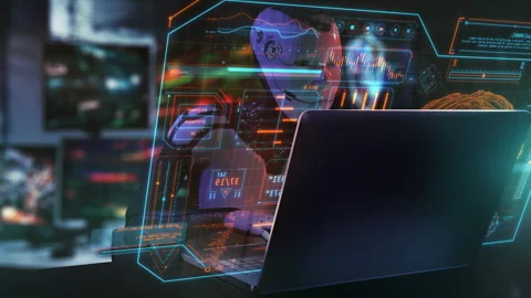 Programmer working with futuristic interface and digital data analyzing software Stock Footage 307574996