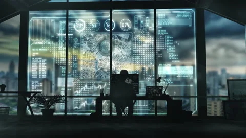 Programmer working with futuristic transparent display in modern office at night Stock-Footage 317978369