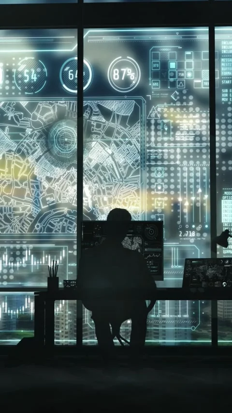 Programmer working with futuristic transparent display in modern office at night Stock Footage 345666964