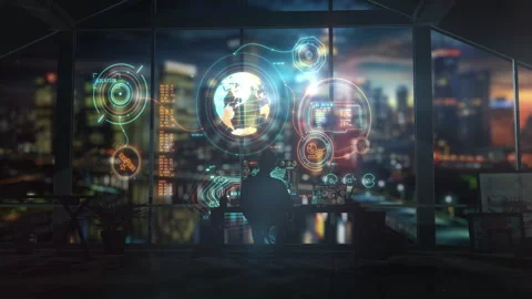 Programmer working with global futuristic user interface in office at night Stock Footage 311211951
