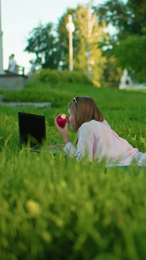 Programmer Working on Grass with Laptop and Apple in Urban Park Stock Footage 317578898