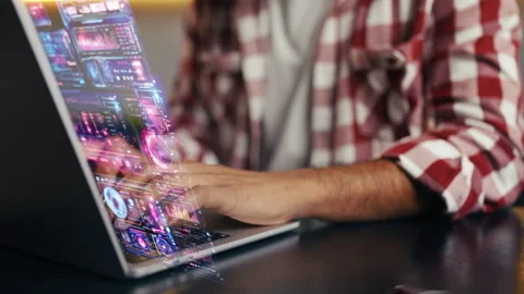 Programmer working with holographic screen creating futuristic digital interface Stock Footage 329506400