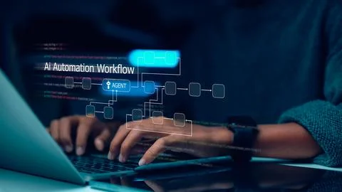 Programmer working on laptop with AI Automation Workflow and agent process .. Stock-Fotos