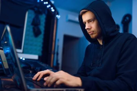 Programmer working on laptop, computer technology 스톡 사진